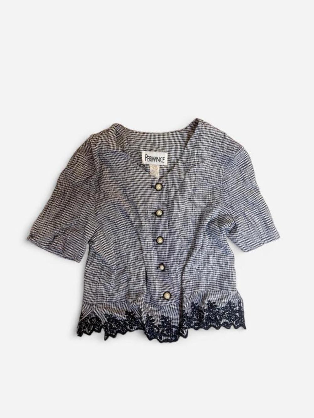 Periwinkle by Barlow Blue & White Checked Button-Up Blouse with Lace Hem